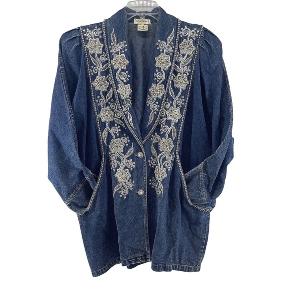 VINTAGE‎ 80s Power Jacket Womens L Denim Blazer Couture Bling Shoulder Pads
